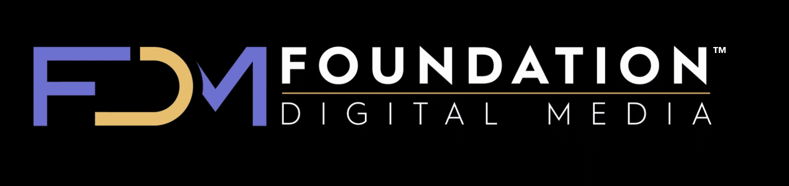 EDM Foundation Digital Media logo on a black background, with blue and orange letters forming 'EDM' and 'FOUNDATION' text below with a thin gold line.